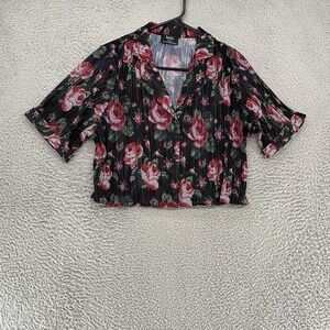 Dressed in Lala Floral Top Womens Small Black Cross Stitch Print Crinkle
